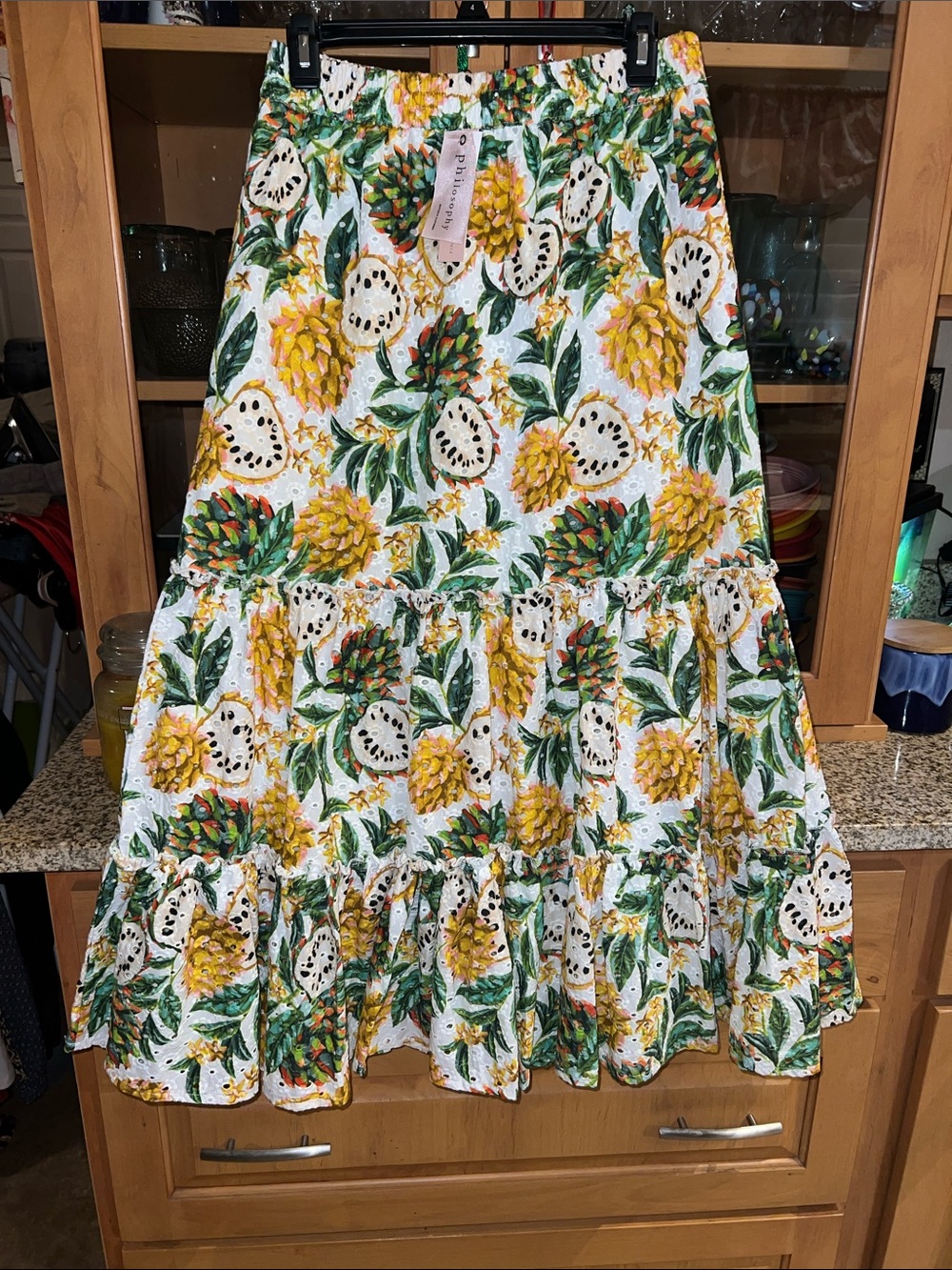 Philosophy White Pineapple & Green Leaf Tiered Maxi Skirt
